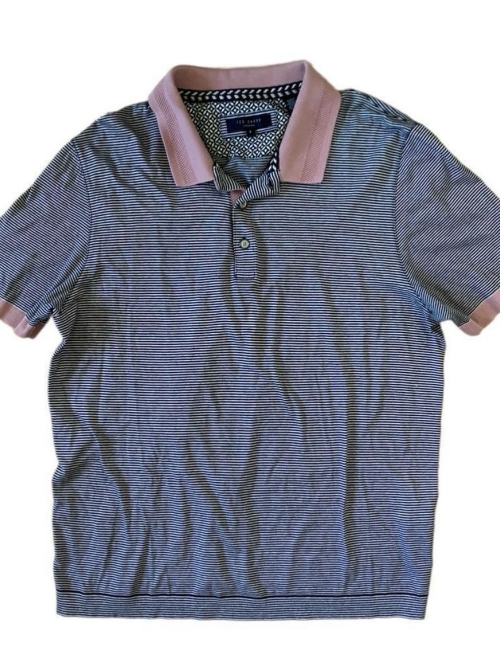 Ted Baker Slim-Striped Polo with Pink Contrast Collar- Size 4